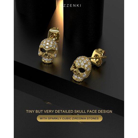 Women Gold Skull Earrings Sterling Silver Post Cubic Zirconia Stud Goth Jewelry, - Picture 3 of 6